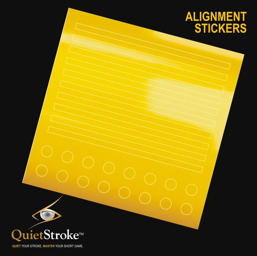 Sheet of alignment stickers with QuietStroke logo on a black background