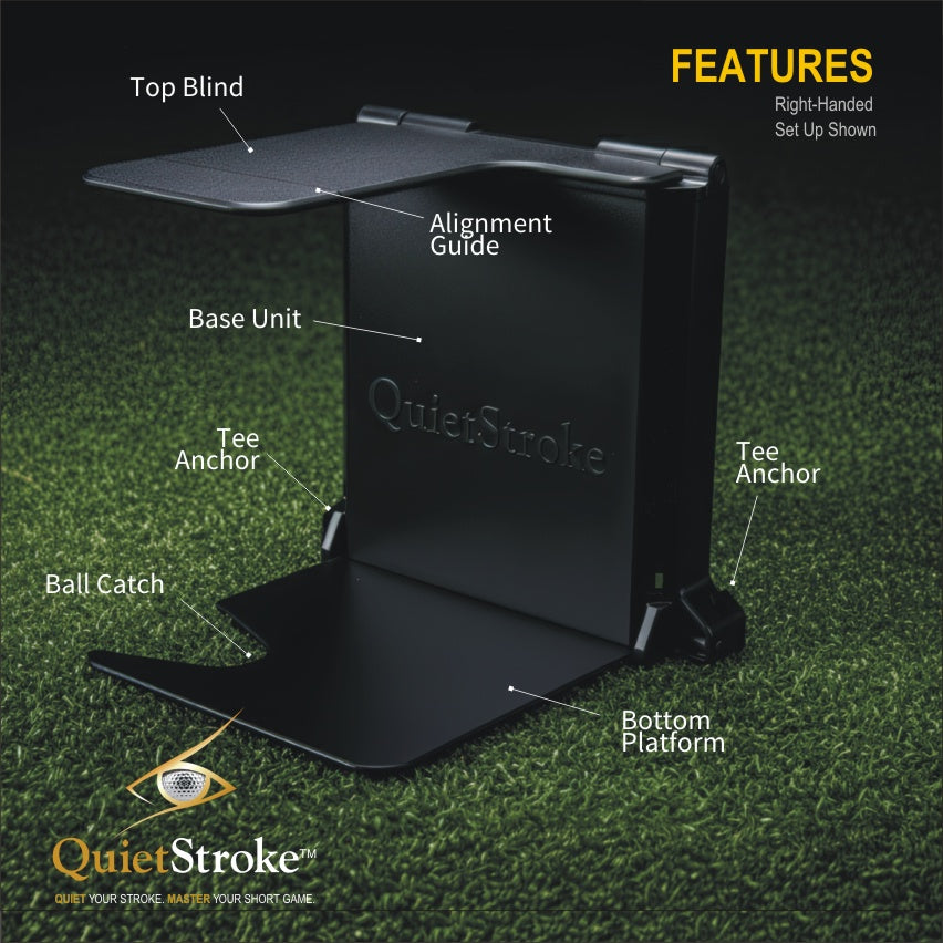 Black golf practice device with labeled parts on a grass background, featuring the QuietStroke brand.