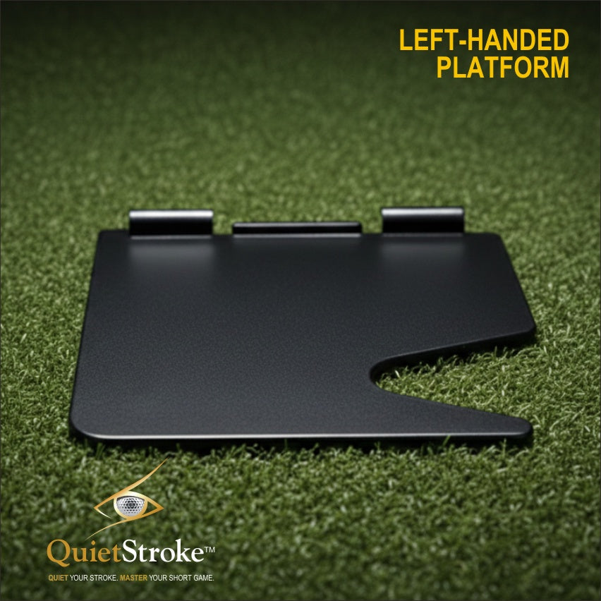 Black left-handed golf practice platform on grass with &