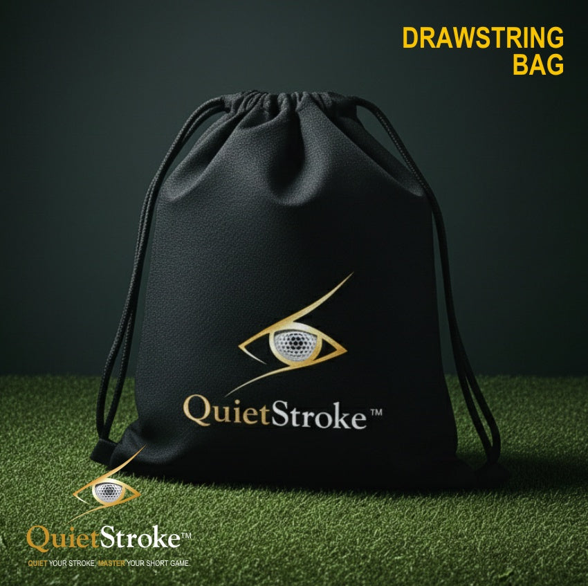 Black drawstring bag with QuietStroke logo on a grassy background