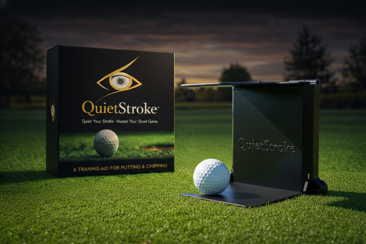 QuietStroke golf training aid with packaging on a grassy background